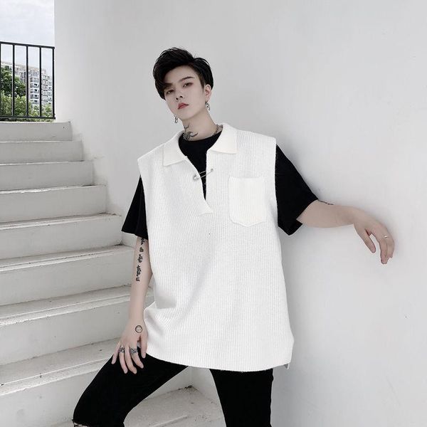 

men's vests ewq / wear 2021 autumn metal pin lapel male's sleeveless knitted sweater vest black white large size waistcoat male 9y