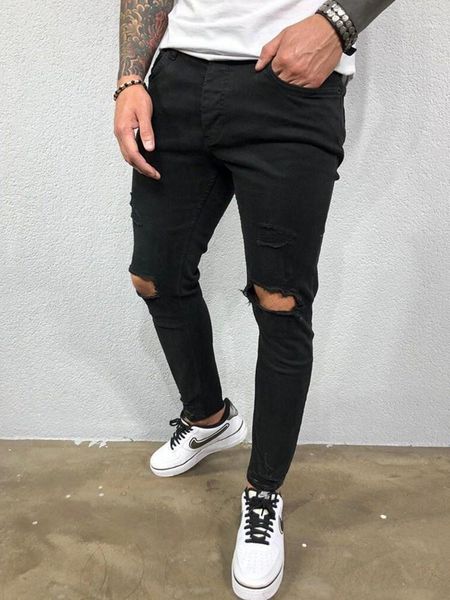 

men's jeans 2021 broken hole embroidered pencil slim men trousers casual thin denim pants classic cowboys jogging, Blue