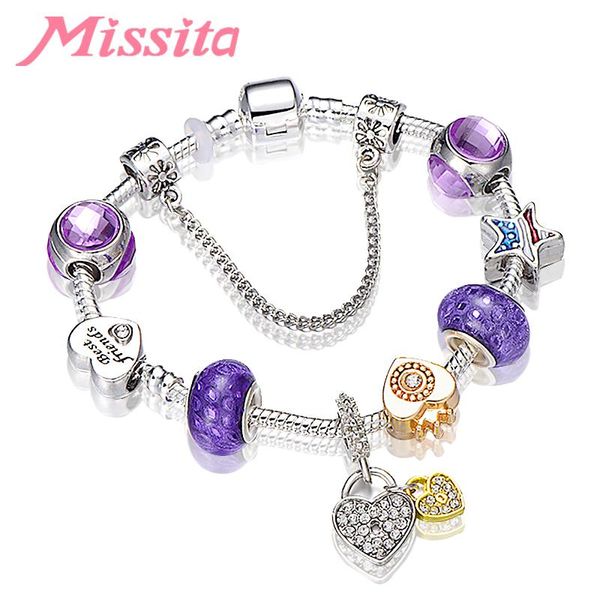 

charm bracelets missita love heart series bracelet with purple murano beads crystal brand bangle for women jewelry party gift, Golden;silver