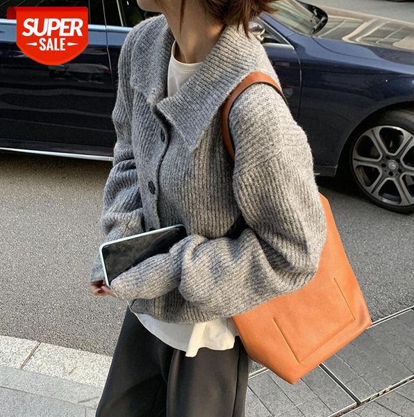 

huang zheng lantern sleeve short pure color sweater cardigan jacket women korean style loose knitwear m8450 #9t59, Black;gray