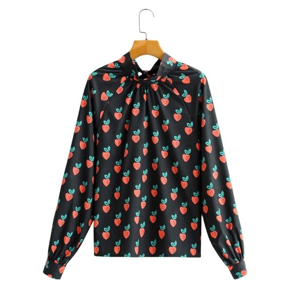 

spring women strawberry print casual long sleeve shirt female stand collar lace up blouse lady loose blusas s8563 210430, White