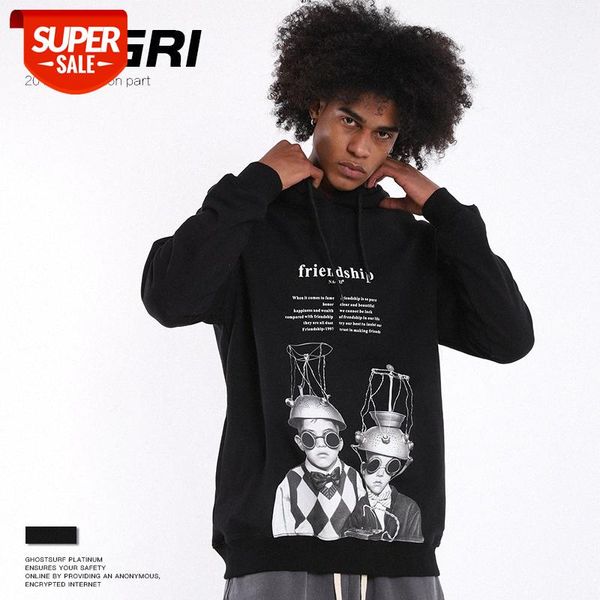 

nagri men's abstract character letter loose hooded sweatshirt #6p8a, Black