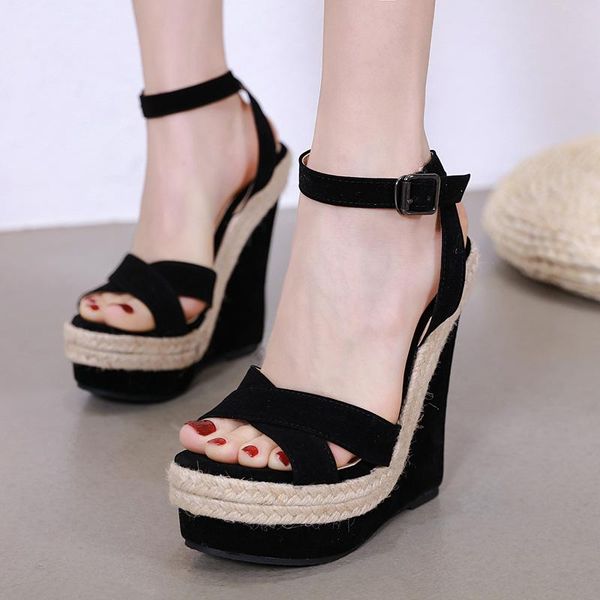 

sandals fashion women summer open toe shoes buckle strap platform wedges high heels 15cm designer, Black