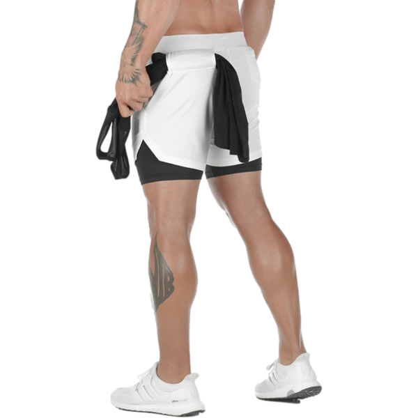 

gym clothing men's casual sports shorts polyester multi-pocket double-layer fitness pants running outdoor loose trousers, White;black
