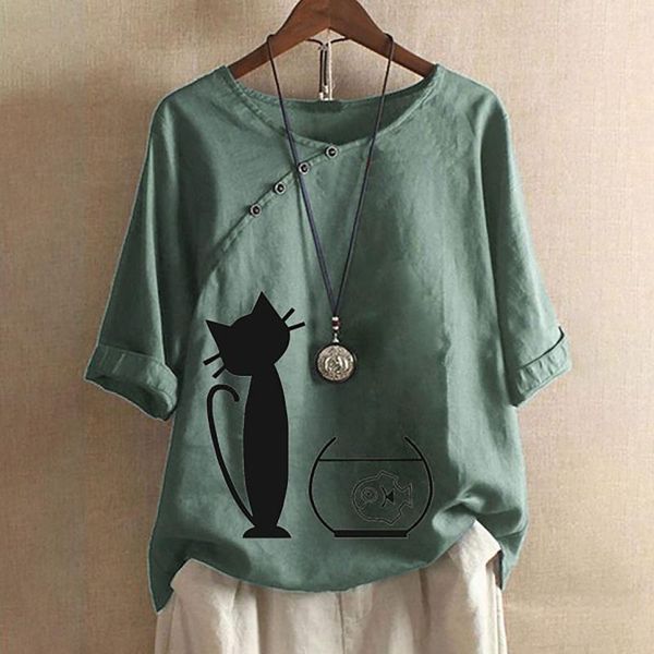 

women's t-shirt summer women t shirt s-5xl plus size cotton lovely cat print short sleeve lady tees casual loose o-neck female tshirt, White