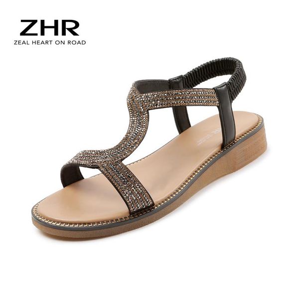 

sandals 2021 women summer sparkly rhinestone thin belt flat shoes casual open toe slip on comfortable outdoor beach, Black