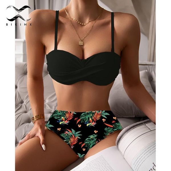 

women's swimwear underwired push up bikini 2021 patchwork print swimsuit swimming suit high waist female sport bathing, White;black