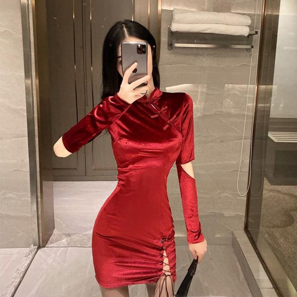 

casual dresses fashion brand long sleeve spring autumn bandage bodycon mini-dress women's clothing hollow out pleuche red black slim, Black;gray