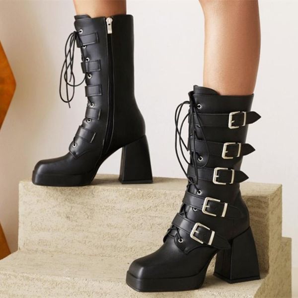 

boots street style buckle design fashion women's black knee high lace up with platform chunky heel big size 43