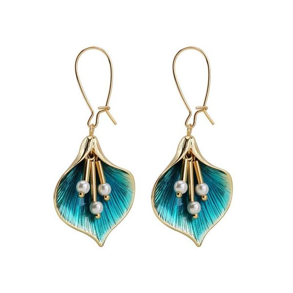 

korean trendy jewelry blue petal flower long pendientes fashion simulated pearl tassel earrings for women dangle & chandelier, Silver