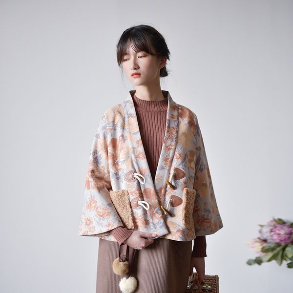 

johnature women clothes vintage coat winter print loose v-neck full sleeve leisure concise ladies short coats 210521, Black;brown