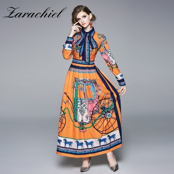 Mulheres outono elegante manga longa alta cintura botão cinto curva vestido vestido senhoras vintage padrão impressão maxi vestidos 210416