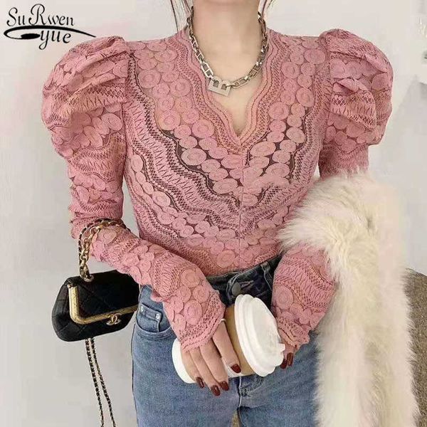 

bubble sleeves lace women spring thin v-neck hollow out hook flower long sleeve bottom shirt temperament lace blouse 13766 210527, White