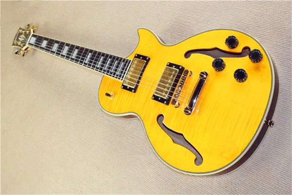 

flyoung little jazz lp body semi hollow electric guitar front yellow and back red brown can be changed and customized as required