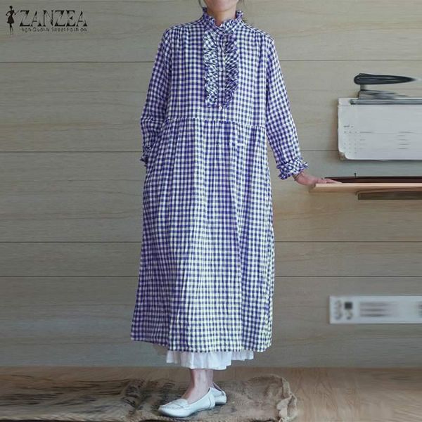 

casual dresses zanzea women long sleeve ruffles dress autumn vintage plaid checked sundress robe femme party vestidos plus size, Black;gray