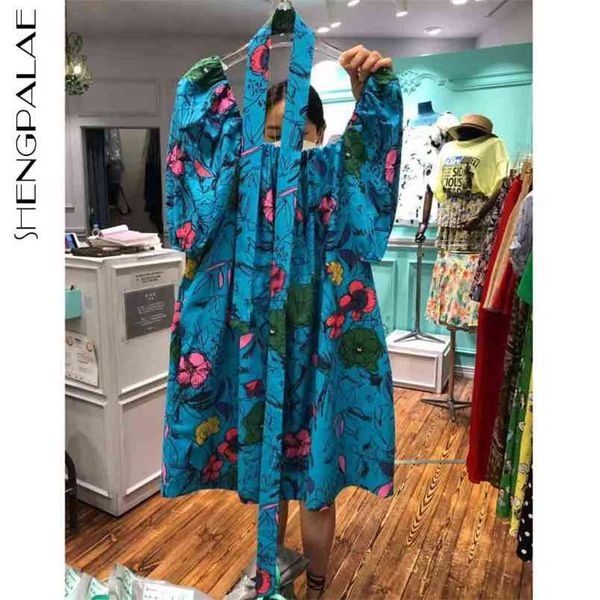 

floral dress women's summer round neck loose lace up waist short puff sleeve above knee dresses female 5c50 210427, White