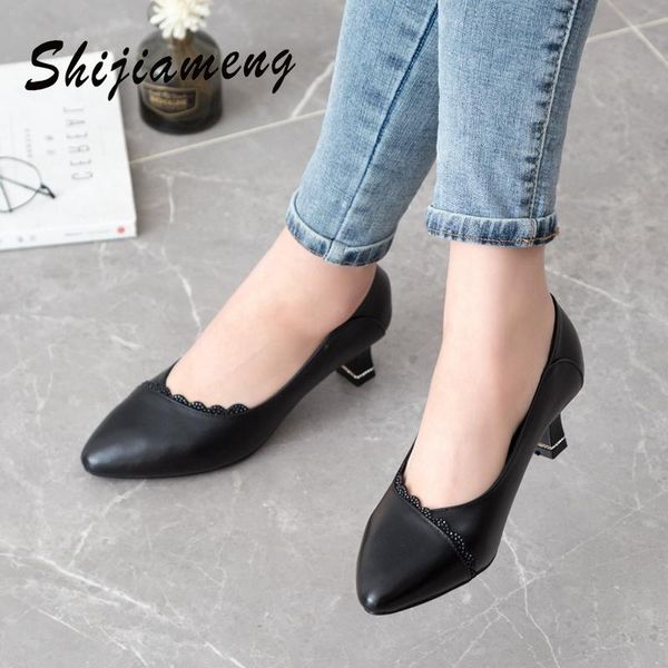 

dress shoes the spring and autumn all-match summer style mid-heel soft leather small heel shallow stiletto, Black
