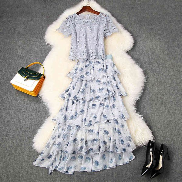 

two piece dress spring summer short sleeve round neck blue floral print lace + ruffle detail mid-calf skirt 2 s set lm2610839 vs24, White