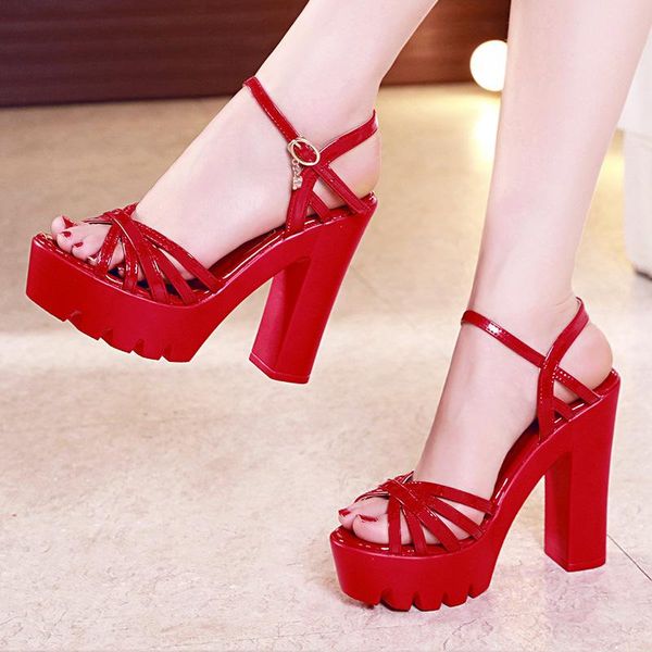 

sandals plus size 33-43 block heels women high summer shoes 2021 elegant platform ladies wedding red, Black