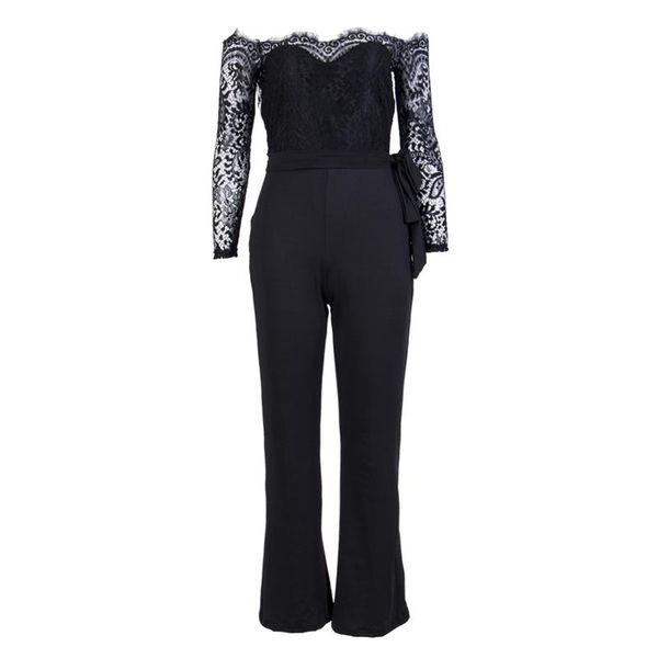 

women's jumpsuits & rompers 2021 women lace floral white color long sleeve jumpsuit romper clubwear playsuit bodycon party trousers fem, Black;white
