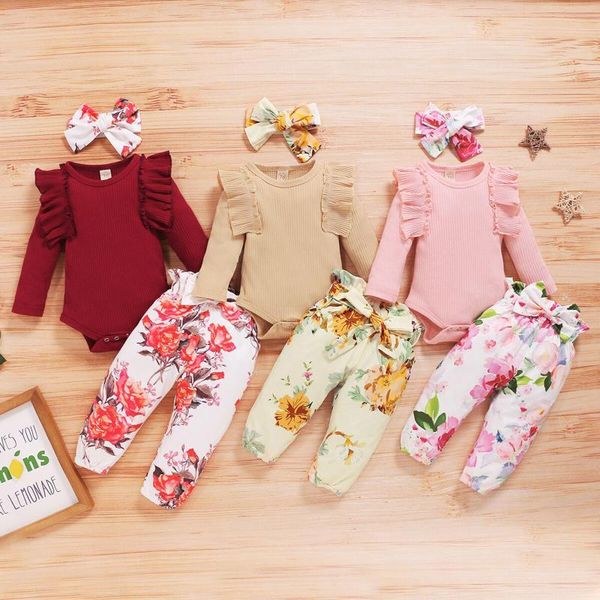 

infant baby girls ruffle romper bodysuit+floral print pants headbands outfits toddler clothes kids tracksuit for girl suit clothing sets, White
