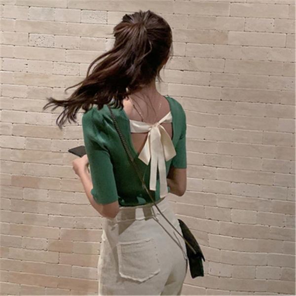 

women's sweaters autumn women pullover white half sleeve casual arrival 2021 korea lady backless bow femme elegante black knitwear, White;black