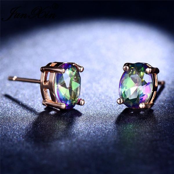 

stud junxin mystical fire birthstone oval earrings for women men 925 silver rose gold filled blue black purple zircon, Golden;silver