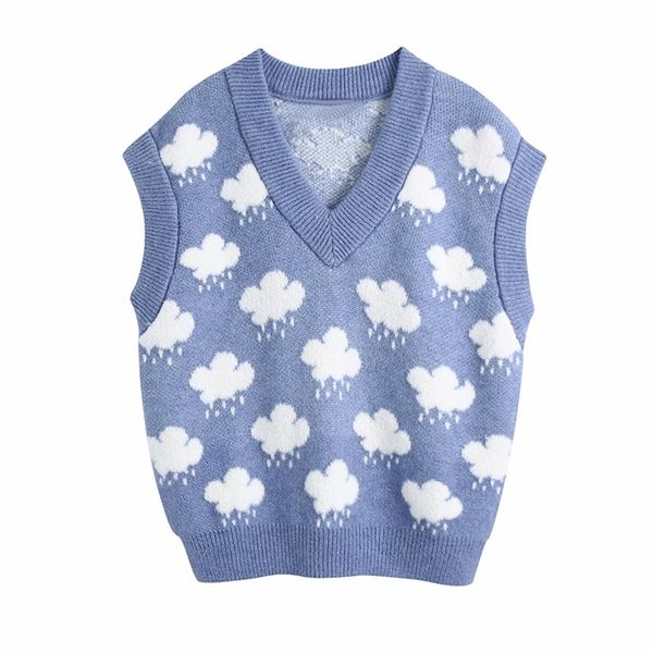 Evfer Moda Fashion Za Malha Cloud Sprint Blue Pullover Colete Feminino Casual V-Neck sem mangas Sleeveless Sweaters Meninas Jumpers 210922