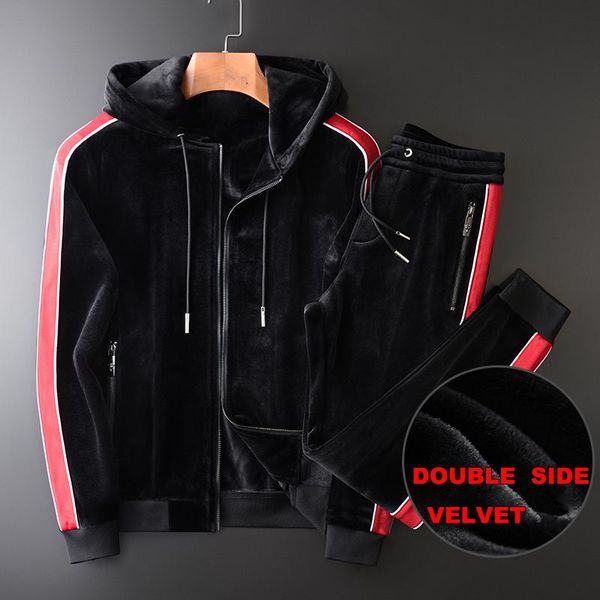 

men's tracksuits double side velvet mens sets (sweatshirt+pants) luxury hooded sport hoodies men plus size 4xl elastic waist man pants, Gray