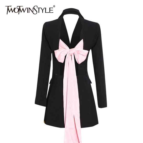 

twotwinstyle backless hit color bowknot lace-up women's blazer notched long sleeves slim fit coats female autumn fashion 211122, White;black