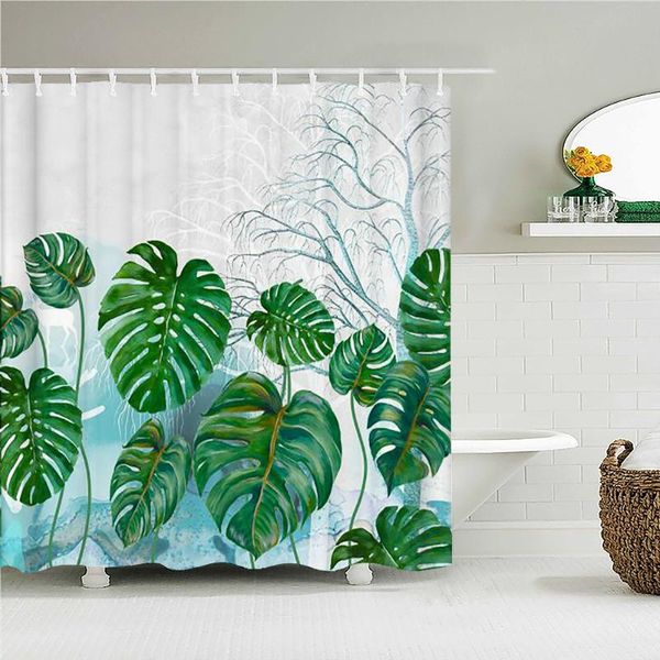 

shower curtains green plant leaves fabric curtain waterproof monstera leaf bath for bathroom decor with hooks