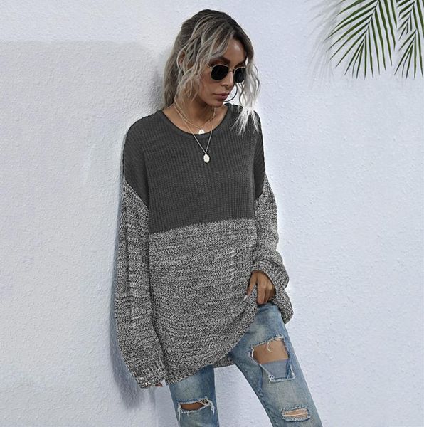 

women's sweaters mid-length sweater loose round neck pullover lazy wind hit color women 2021 autumn and winter wm*, White;black