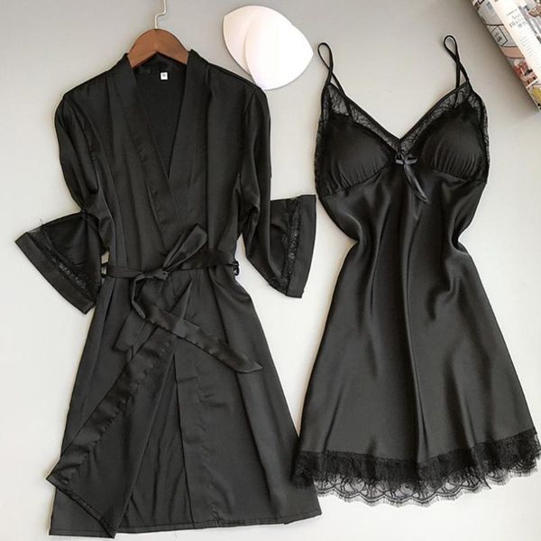 

women's sleepwear 2pc solid color pajamas lace nightdress silk dress underwear women sleepshirt pijama mujer, Black;red
