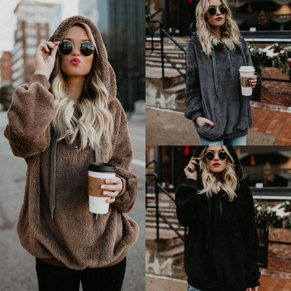 

women's hoodies & sweatshirts fashion women hooded sweatshirt coat winter warm fleece wool pollovers pocket outwear clothes long sleev, Black