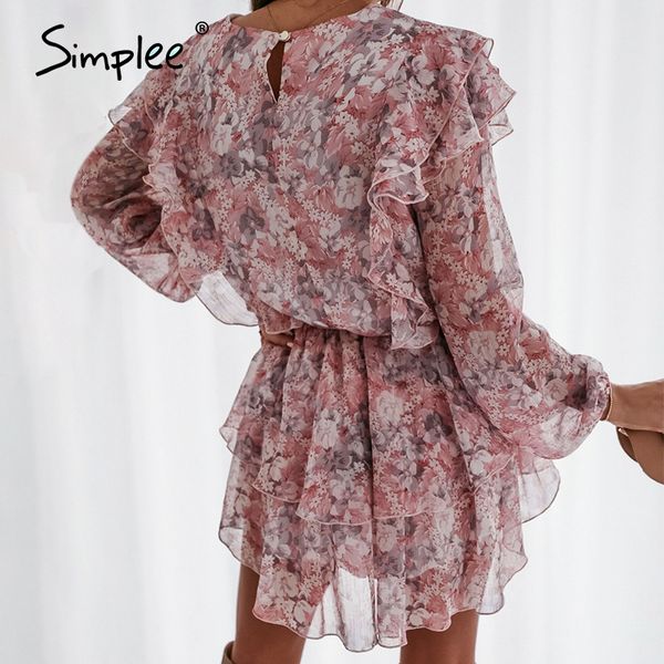 

2021simplee women floral print dress elegant puff sleeve a-line chiffon sash dress high waist work wear office lady pink dress 2021, Black;gray