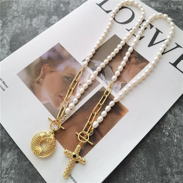 

pendant necklaces fashion classic natural freshwater pearl chain splicing round blessing & cross, Silver