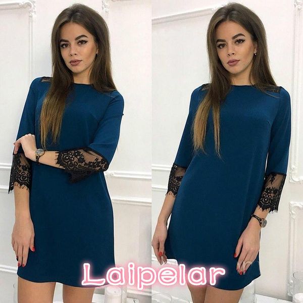 

casual dresses spring summer 3/4 sleeve fashion lace stitching dress women's o-neck loose straight party club mini, Black;gray