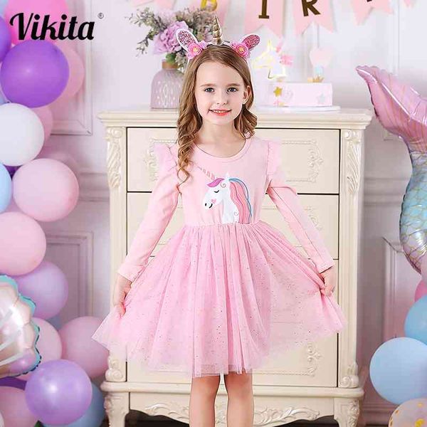 Vikita Unicorn платье для девочек малышей на день рождения вечеринка принцесса платья осень зима Vestidos детей Unicornio платья для девочки 210331