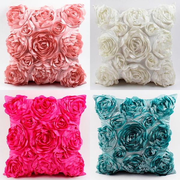 

pillow case european 3d rose embroidery solid color satin flower cushion pillowcase wedding home decoration sofa small fresh