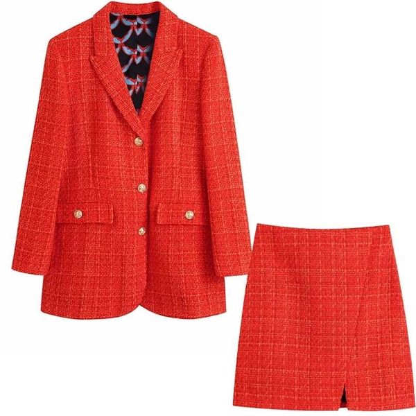 

aonibeier za woman casual traf outfits autumn tweed woolen red plaid blazers + mini skirt suits 2 piece sets thick jacket 211106, White