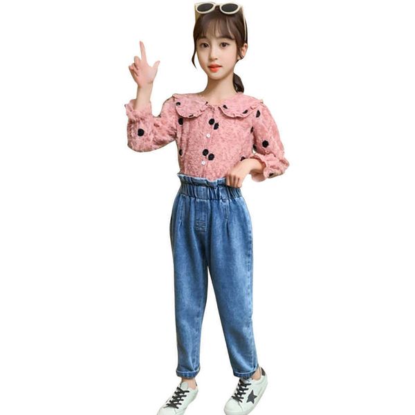

teen girls clothing dot blouse + jeans costume for spring autumn children clothes girl casual tracksuits 210528, White