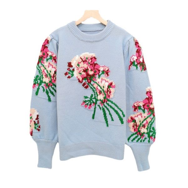 

g 2021 autumn winter new color contrast jacquard flower bubble long sleeve knitted sweater pullover women, White;black