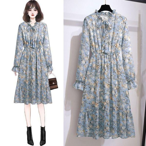 

casual dresses spring autumn long sleeve floral print women dress lace up female blue chiffon party midi vestidos femme 2021 y559, Black;gray