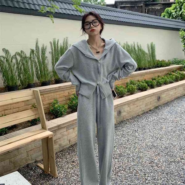 

korean casual suit women's double zipper hoodie et + loose leg drawstring 53748, Gray
