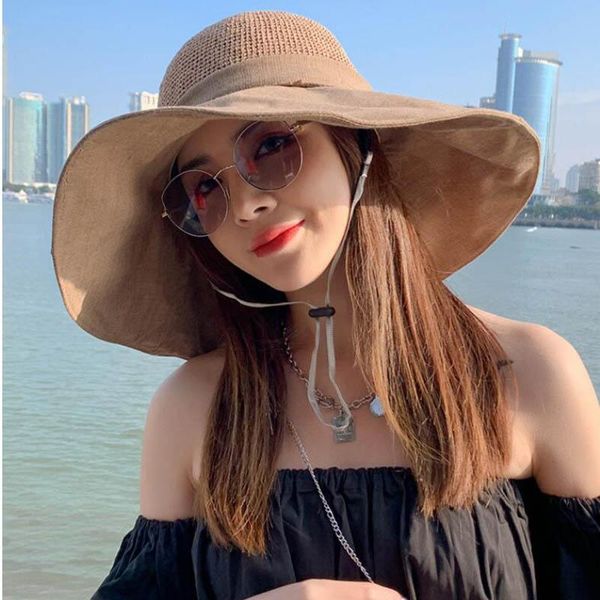 

wide brim hats summer women sun large anti-uv foldable beach cap fashion streamer bow dome bucket hat, Blue;gray
