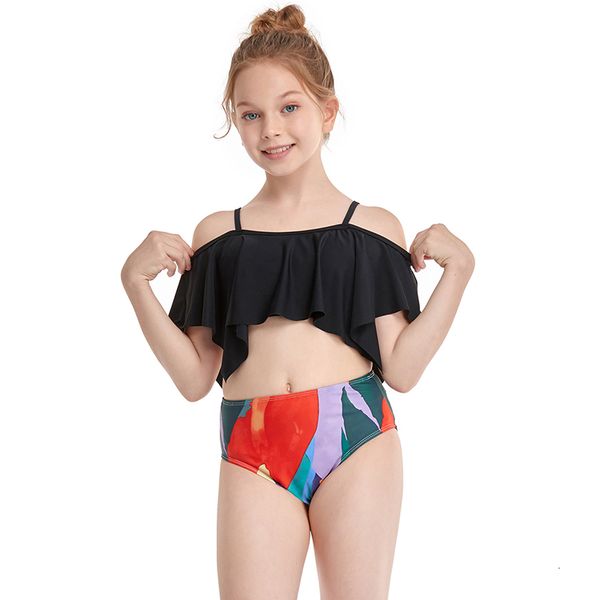 Costume da bagno diviso per ragazza Costume da bagno per bambini adorabile Costume da bagno a quattro angoli con foglia di loto Costume da bagno con orlo arricciato floreale