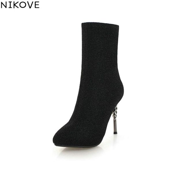 

boots nikove 2021 women shoes stretch fabric thin high heels ankle winter slip on western style woman size 34-43, Black