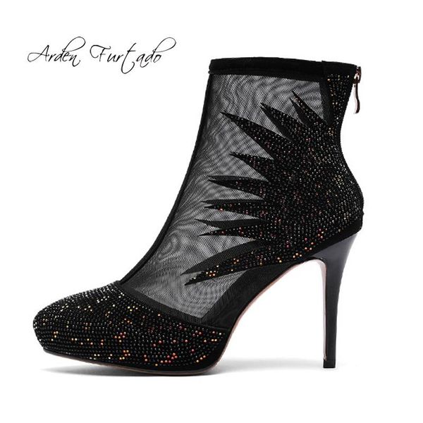 

arden furtado summer 2021 fashion women's shoes mesh boots elegant pointed toe stilettos heels platform ankle ladies sandals, Black