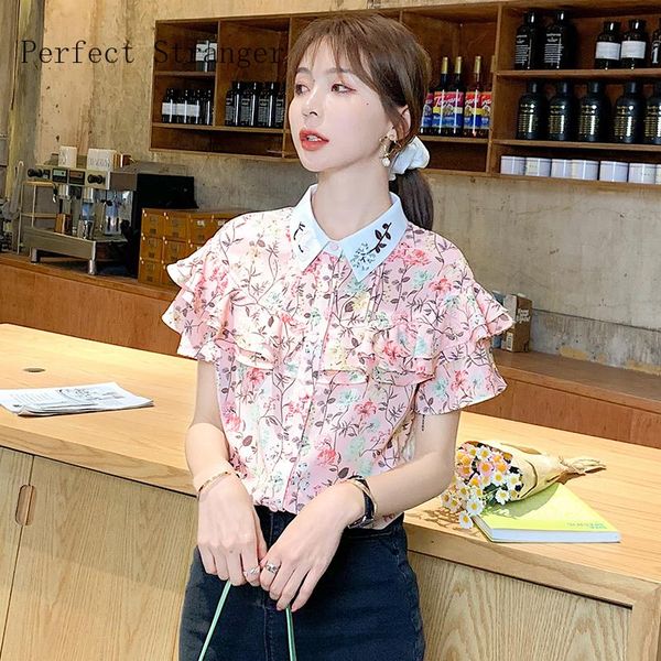 

women's blouses & shirts 2021 spring arrival leisure turn-down collar printed short sleeve women chiffon blouse, White