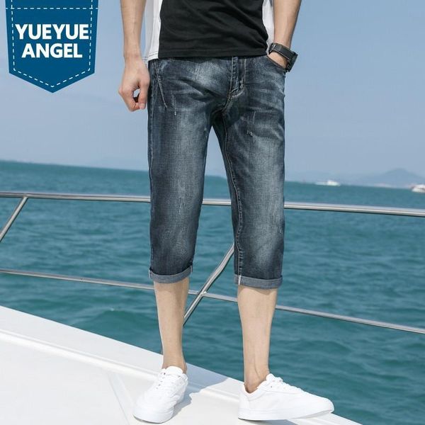 

men's jeans summer men thin denim calf-length pants straight slim retro casual shorts fashion zipper blue beach male 28-38 f0to